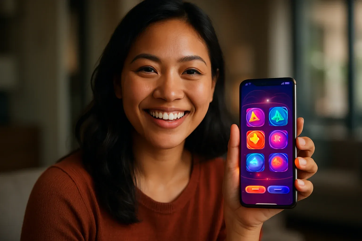 Cheerful Filipino woman holding glowing smartphone with colorful gaming app UI