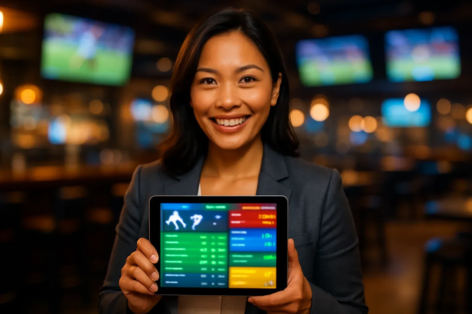 Confident Filipino woman holding tablet with blurred sports betting dashboard