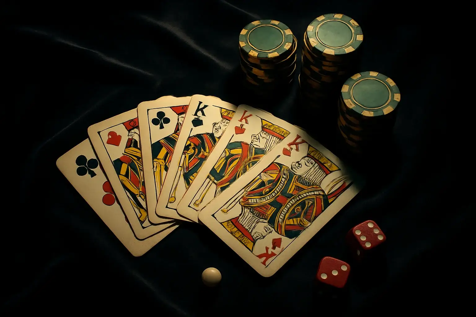 Top-down flat-lay of playing cards, casino chips, dice, and roulette ball