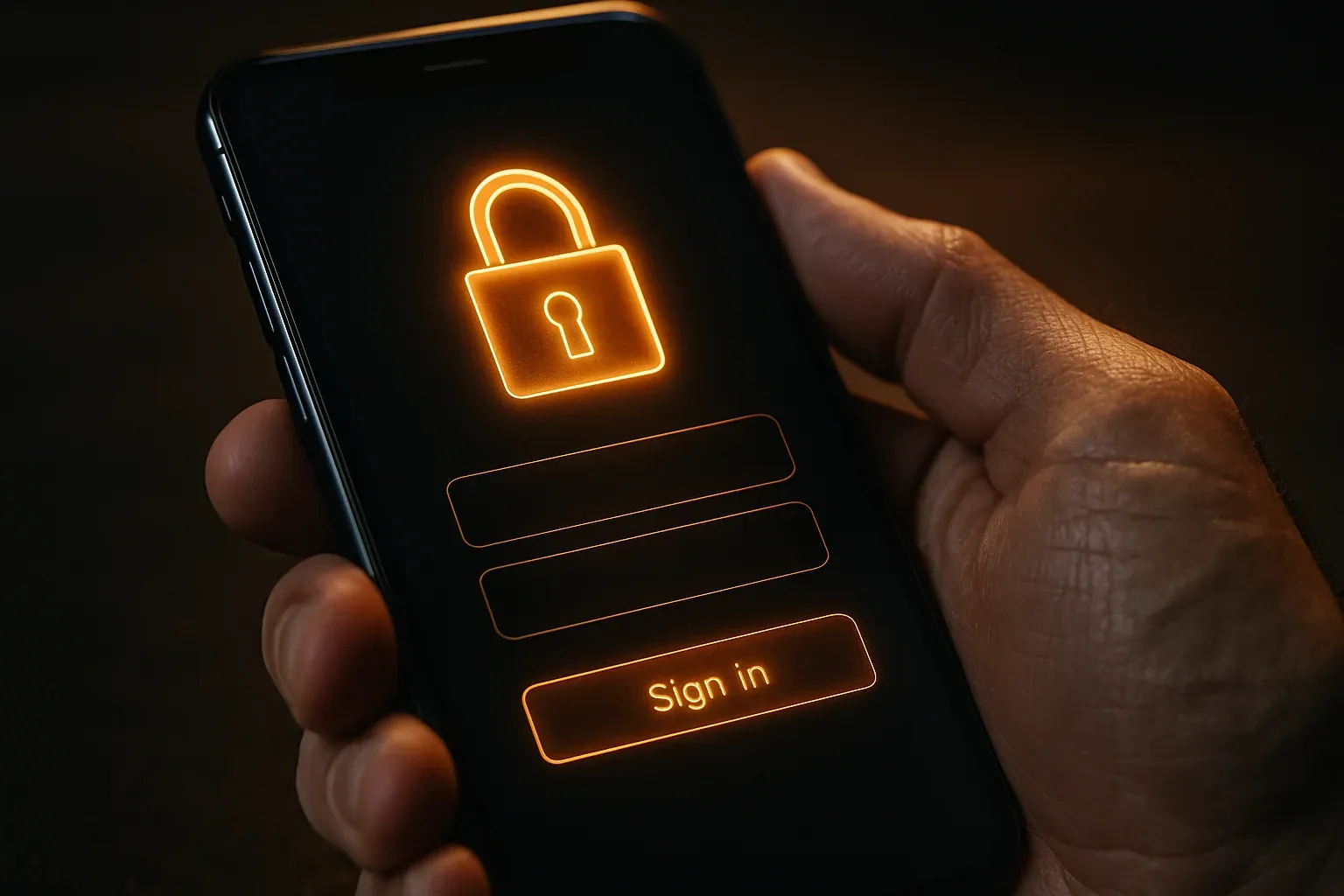 Macro photo of hand holding smartphone showing secure login padlock interface