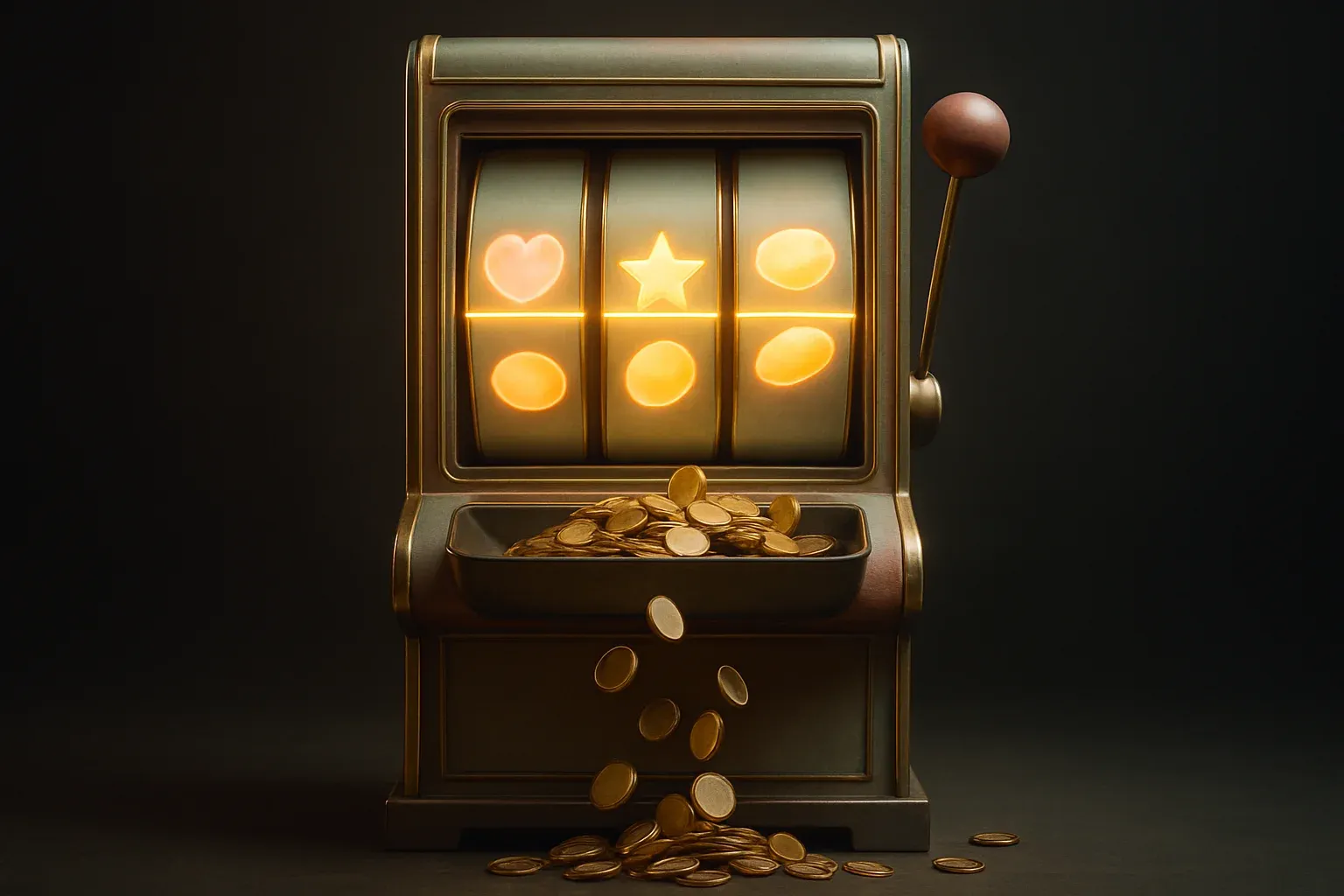Ultra-realistic front view ornate slot machine with three reels and coins